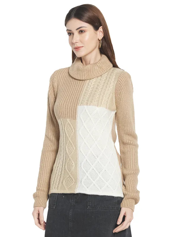 Mettle Women Brown  White Colourblocked Colourblocked Pullover