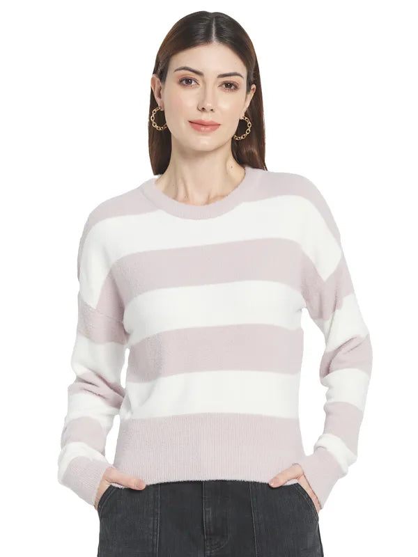 Mettle Women Purple  White Striped Striped Pullover