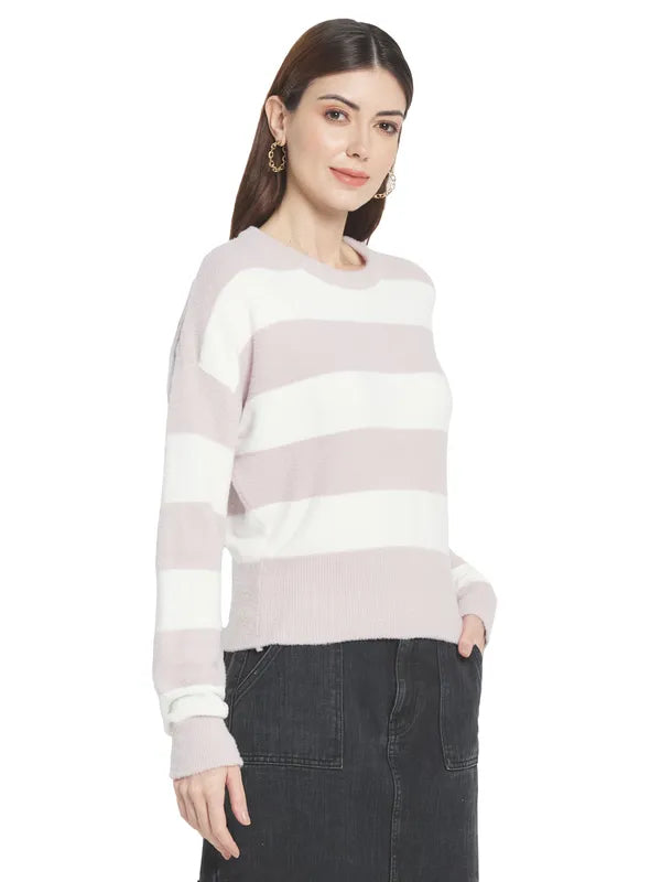 Mettle Women Purple  White Striped Striped Pullover