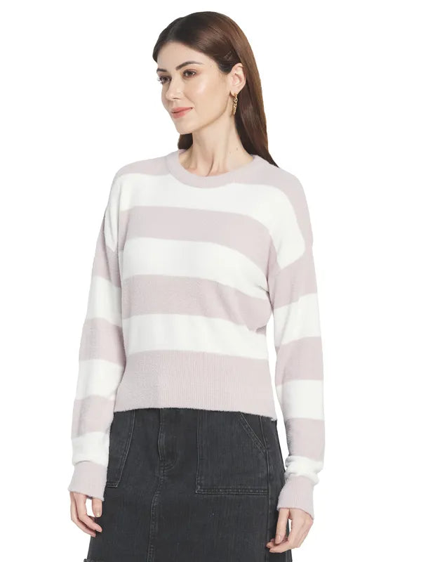 Mettle Women Purple  White Striped Striped Pullover