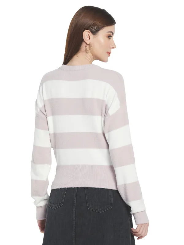 Mettle Women Purple  White Striped Striped Pullover