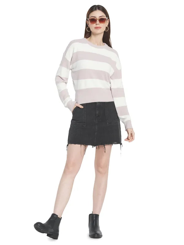 Mettle Women Purple  White Striped Striped Pullover