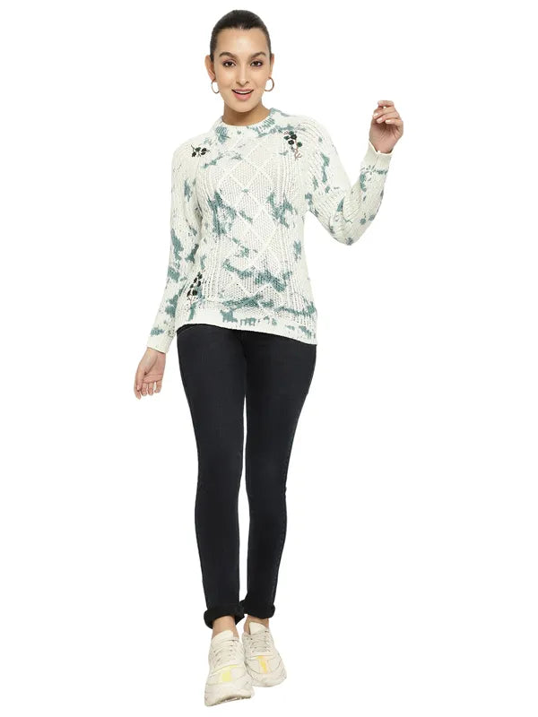 Mettle Women Olive Green White Cable Knit Printed Pullover