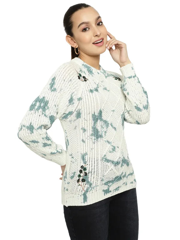 Mettle Women Olive Green White Cable Knit Printed Pullover