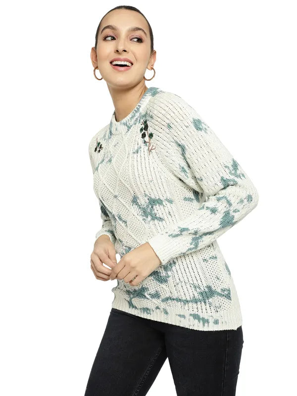 Mettle Women Olive Green White Cable Knit Printed Pullover