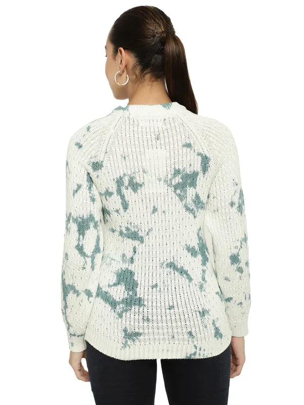 Mettle Women Olive Green White Cable Knit Printed Pullover