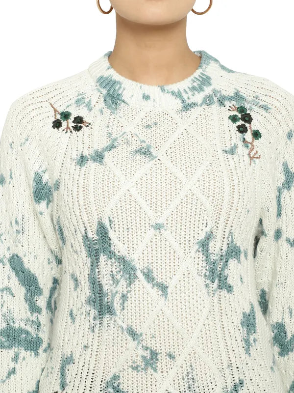 Mettle Women Olive Green White Cable Knit Printed Pullover