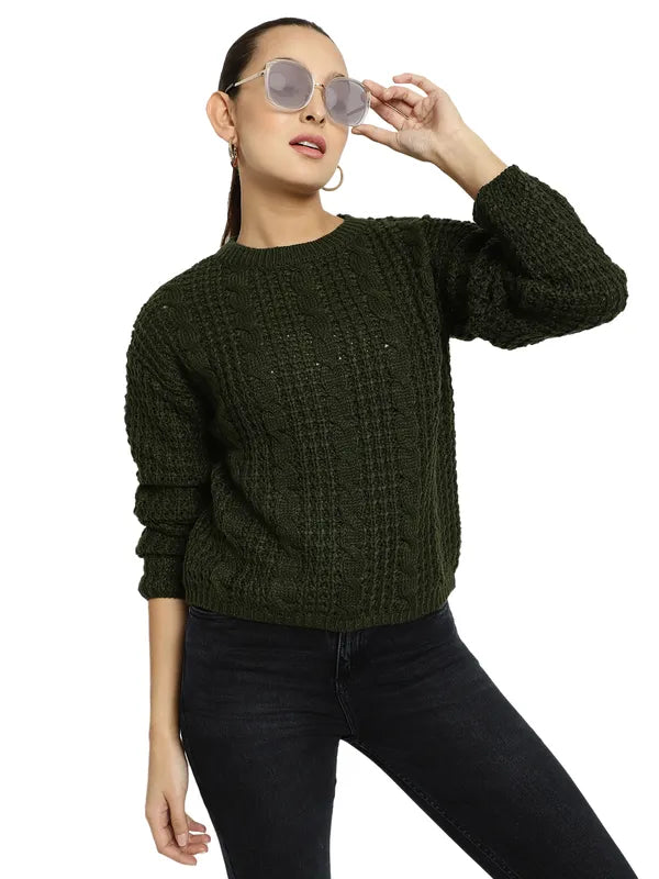 Mettle Women Olive Green Cable Knit Pullover