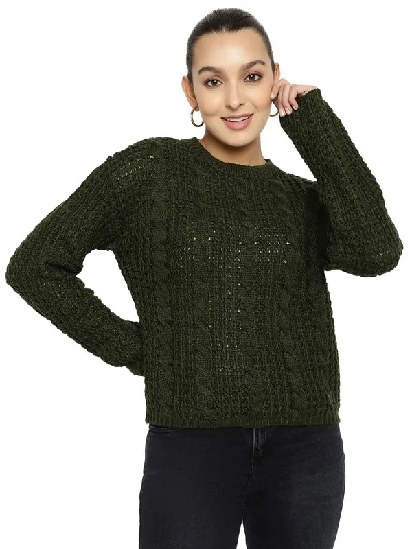 Mettle Women Olive Green Cable Knit Pullover