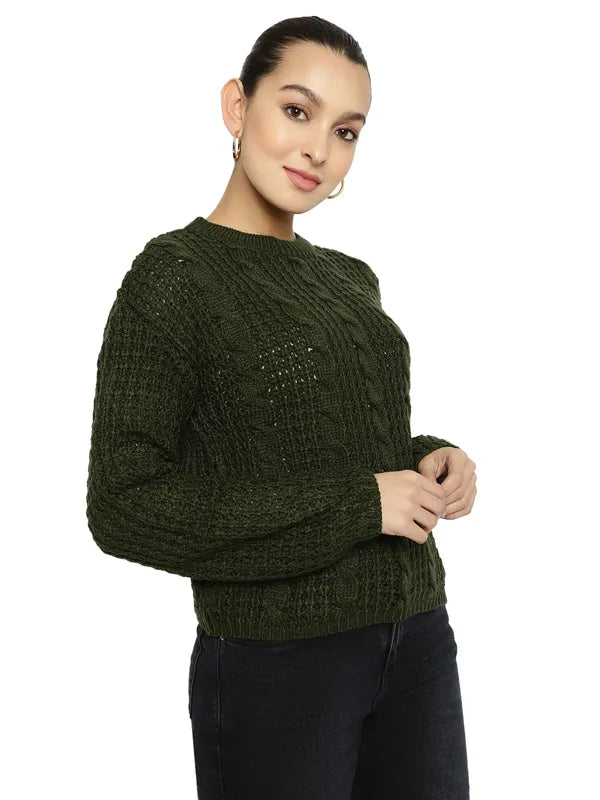 Mettle Women Olive Green Cable Knit Pullover