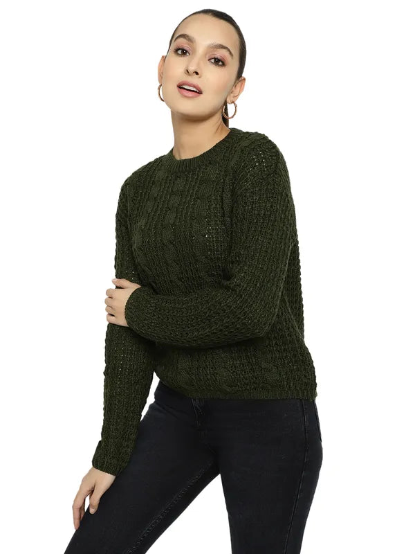 Mettle Women Olive Green Cable Knit Pullover