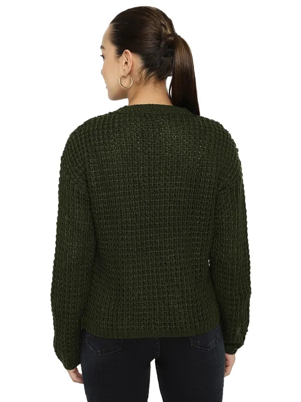 Mettle Women Olive Green Cable Knit Pullover