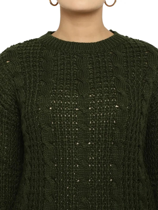 Mettle Women Olive Green Cable Knit Pullover