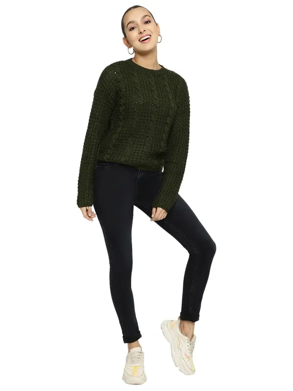 Mettle Women Olive Green Cable Knit Pullover