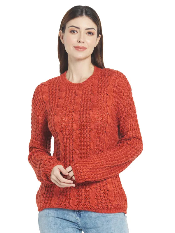 Mettle Women Orange Cable Knit Pullover