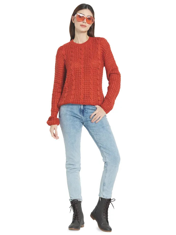 Mettle Women Orange Cable Knit Pullover