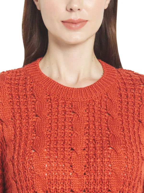 Mettle Women Orange Cable Knit Pullover