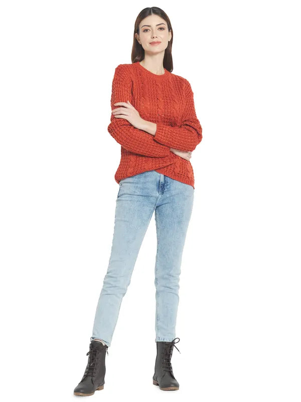 Mettle Women Orange Cable Knit Pullover