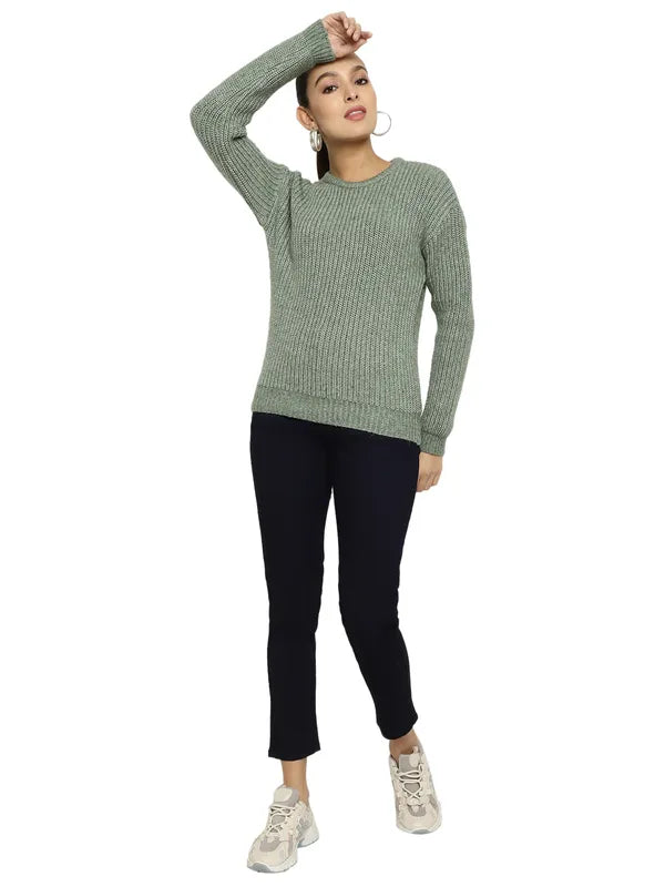 Mettle Women Olive Green Ribbed Pullover