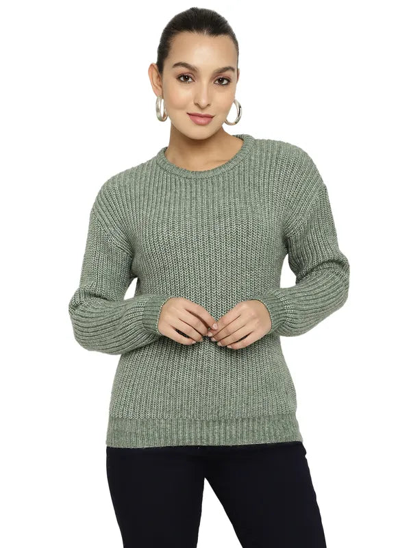 Mettle Women Olive Green Ribbed Pullover