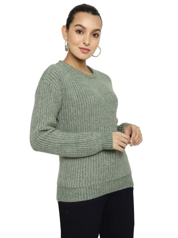 Mettle Women Olive Green Ribbed Pullover