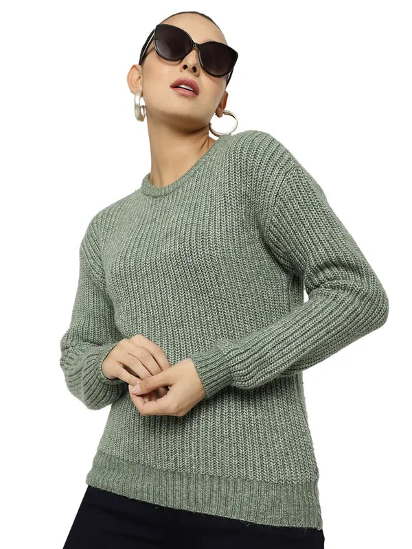 Mettle Women Olive Green Ribbed Pullover