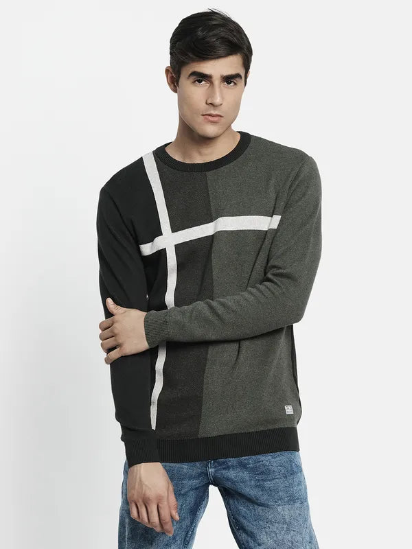 Men Olive Green Off White Colourblocked Pullover