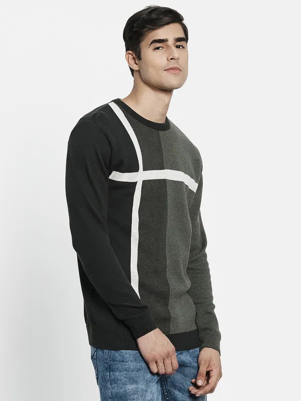 Men Olive Green Off White Colourblocked Pullover