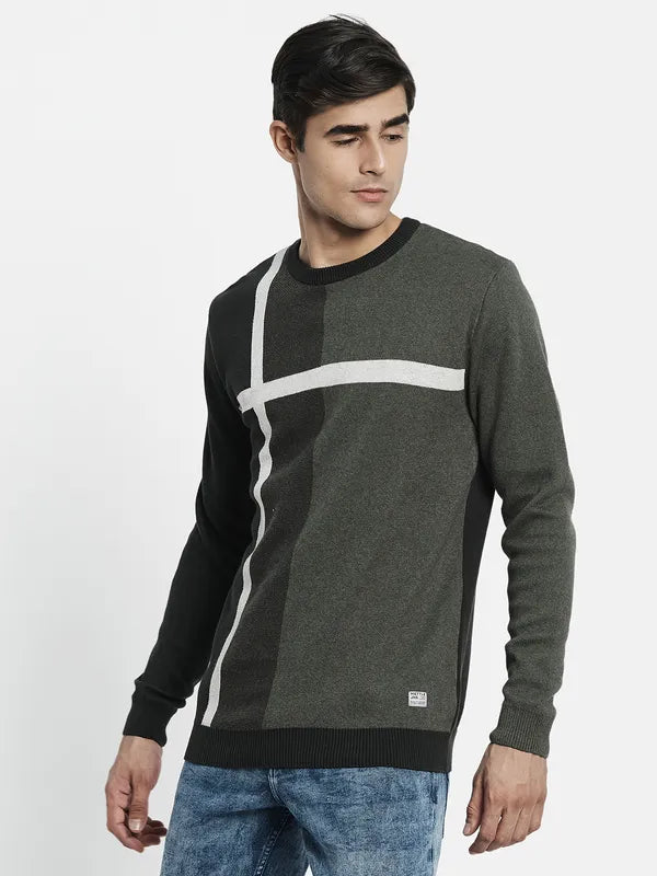 Men Olive Green Off White Colourblocked Pullover