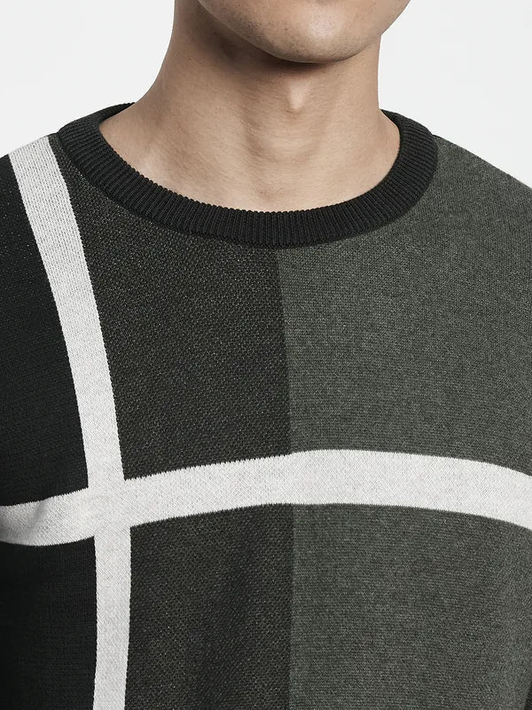 Men Olive Green Off White Colourblocked Pullover