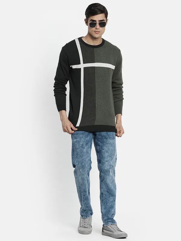 Men Olive Green Off White Colourblocked Pullover