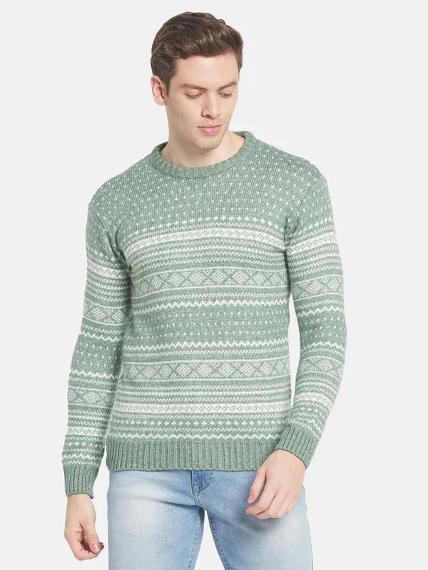 Men Green White Printed Pullover