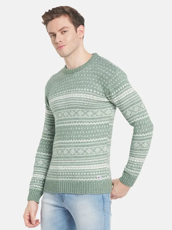 Men Green White Printed Pullover