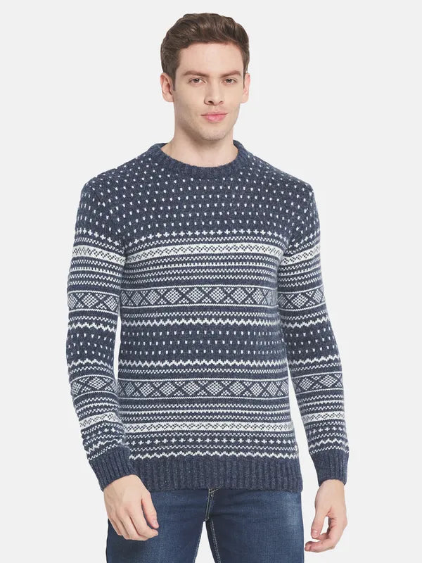 Men Navy Blue White Printed Pullover