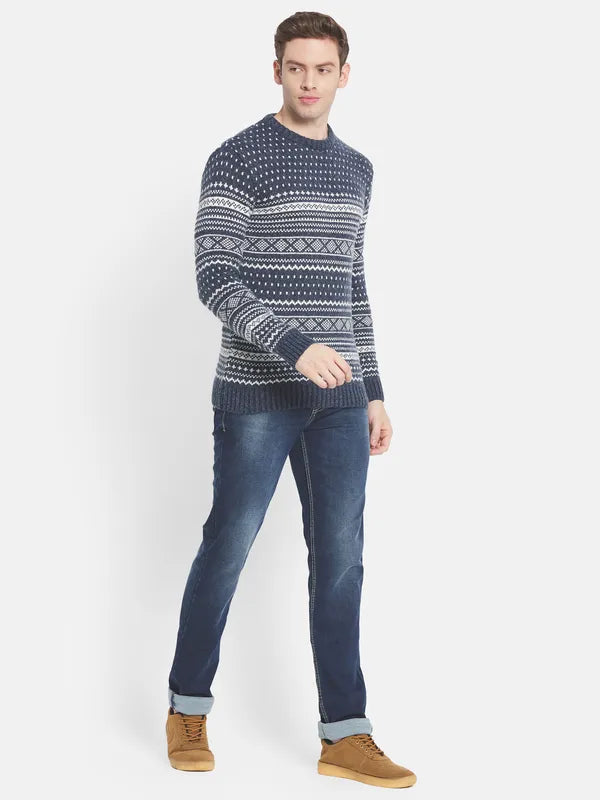 Men Navy Blue White Printed Pullover