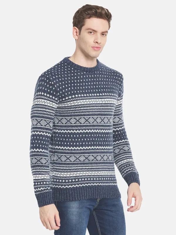 Men Navy Blue White Printed Pullover