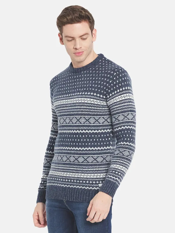 Men Navy Blue White Printed Pullover