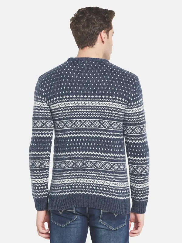 Men Navy Blue White Printed Pullover