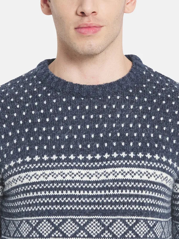 Men Navy Blue White Printed Pullover