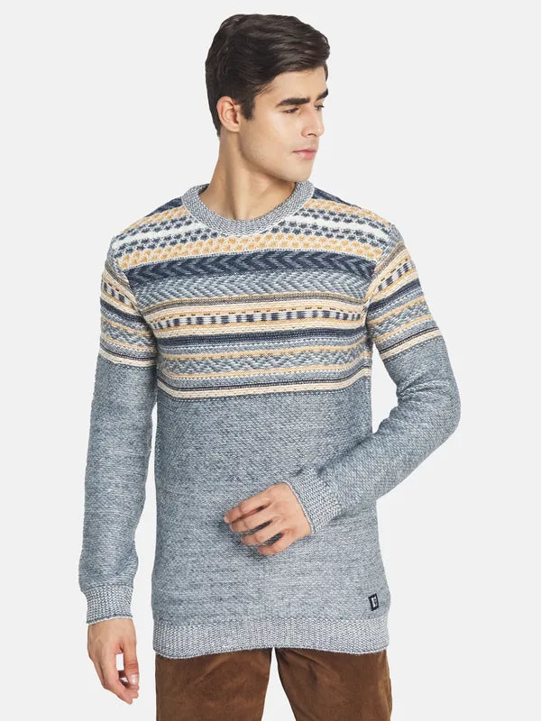 Mettle Men Grey Off White Geometeric Pullover