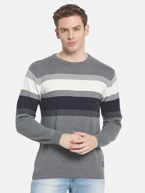 Men Grey White Striped Pullover