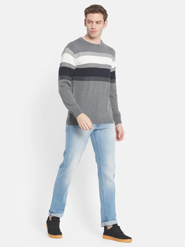 Men Grey White Striped Pullover