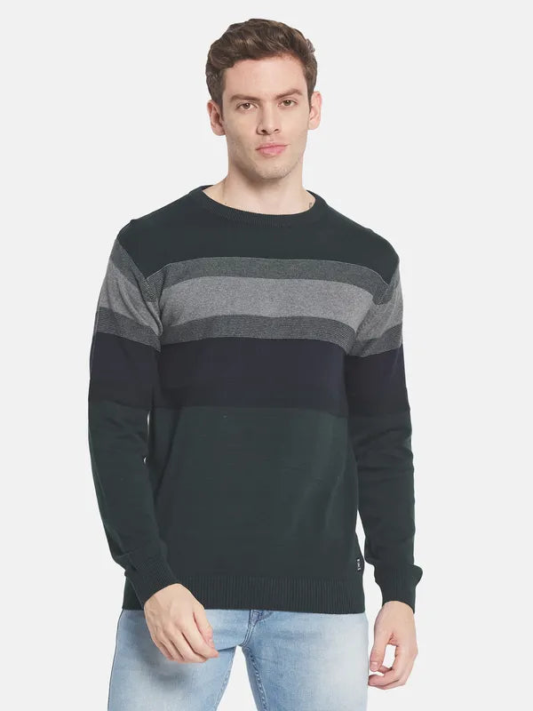 Men Green Grey Striped Pullover