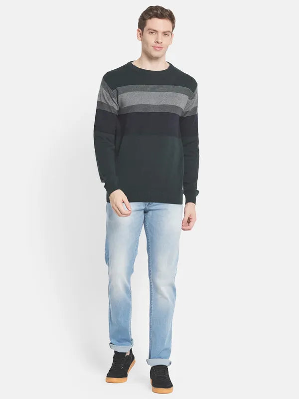 Men Green Grey Striped Pullover