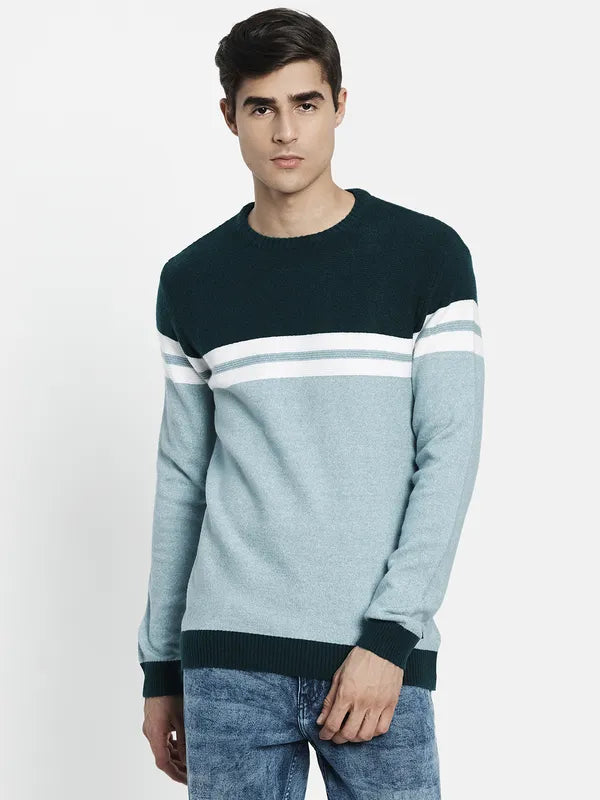 Men Blue Off White Colourblocked Pullover