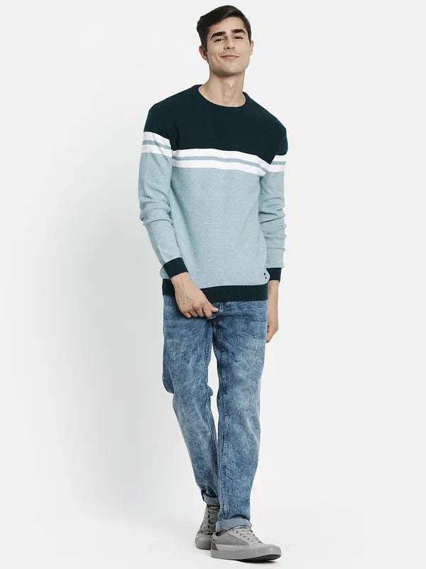 Men Blue Off White Colourblocked Pullover