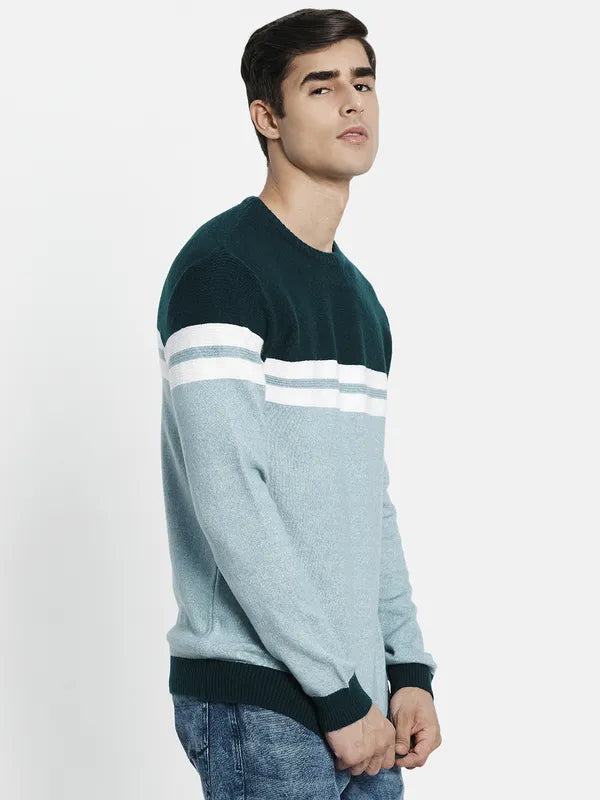 Men Blue Off White Colourblocked Pullover