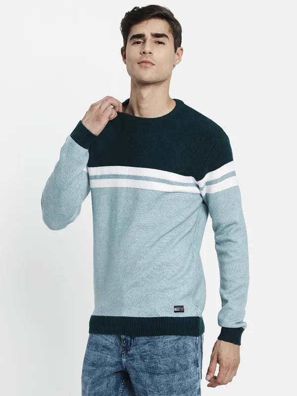 Men Blue Off White Colourblocked Pullover