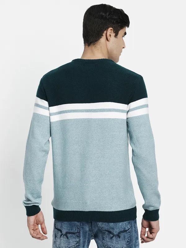 Men Blue Off White Colourblocked Pullover