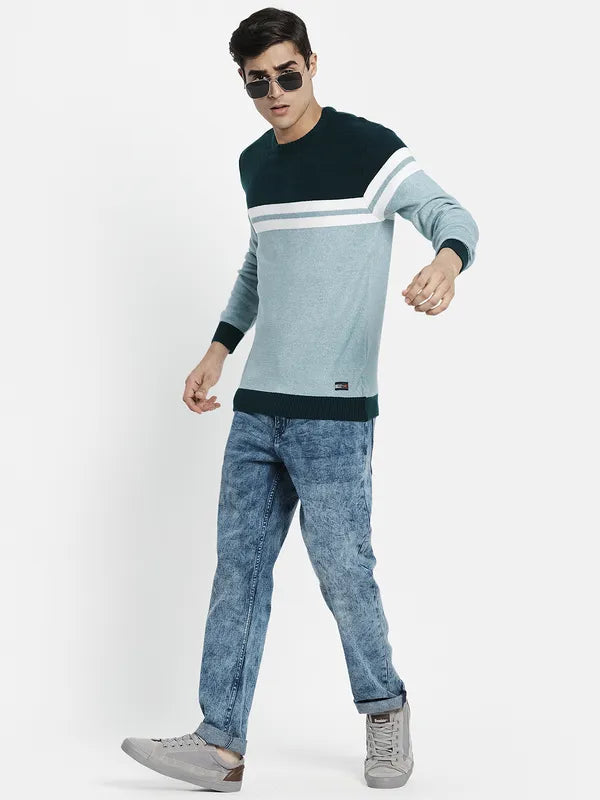 Men Blue Off White Colourblocked Pullover